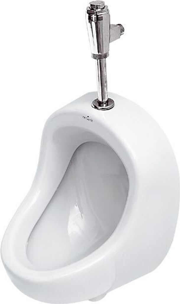 A white ceramic urinal with a chrome flush valve is shown against a white background.