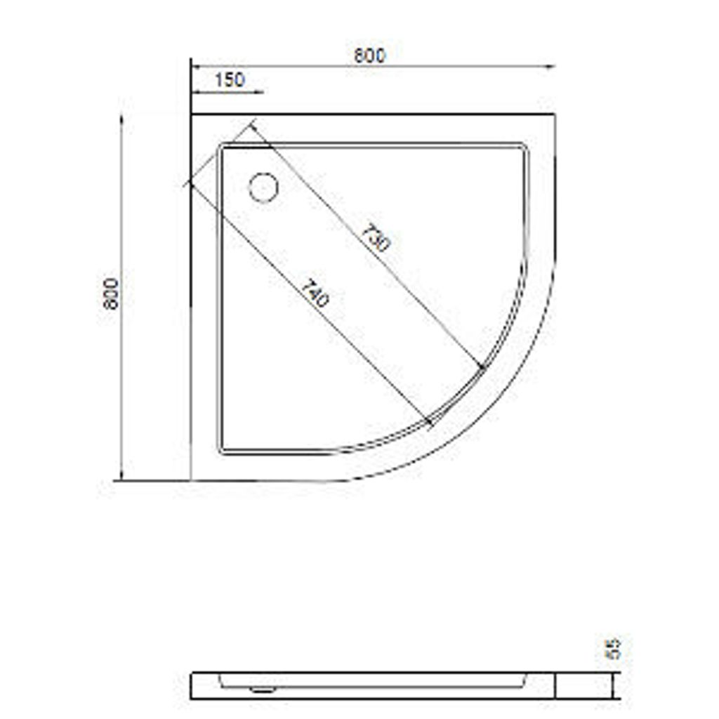 Duschtasse, universell, Duschwanne, Aron 80, Viertelkreis, Eckmontage, Radius 55