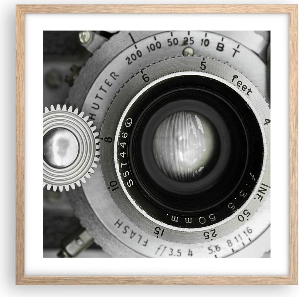 Gerahmtes Poster - Rahmen in heller Eiche - Objektiv Schwarzweiß Vintage - 50x50 cm - Wand Bild - Wanddeko - Wandbilder - Kunstposter - Wandposter...