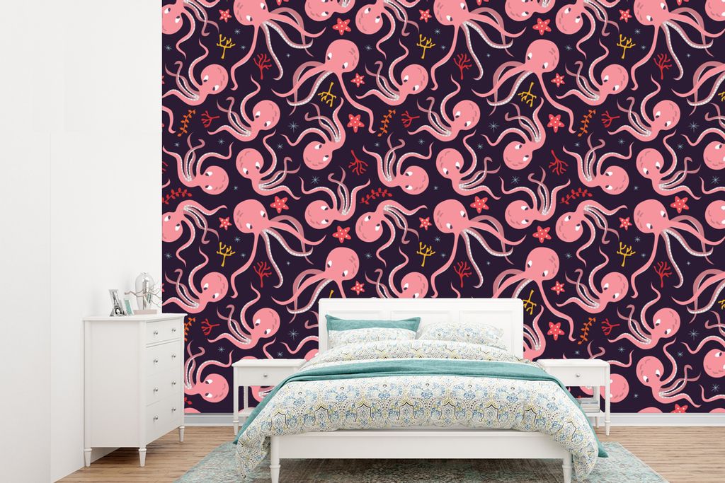 MuchoWow Fototapete für Wohnzimmer oder Schlafzimmer Wandtapete Vinyl Motivtapete Oktopus - Baby - Entwurf - 415x300 cm - Küche