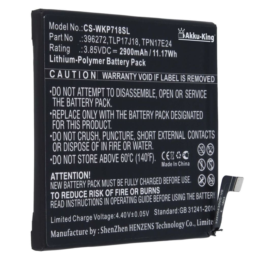 Akku kompatibel mit Wiko 396272 - Li-Polymer 2900mAh - für Upulse, Upulse Lite, View Prime, BQ Strike Selfie Max