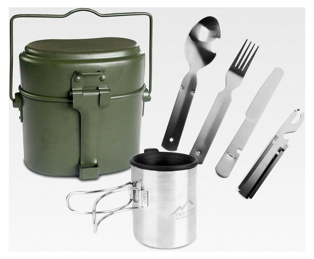 Outdoor Geschirr-Set aus Bundeswehr Kochgeschirr, 5-teiligem Besteck und Tasse mit klappbarem Henkel und Deckel - rostfrei und hitzebeständig in O...
