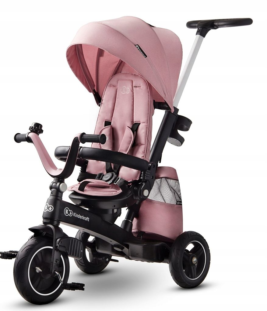 A pink Kinderkraft EASYTWIST tricycle is shown against a white background.