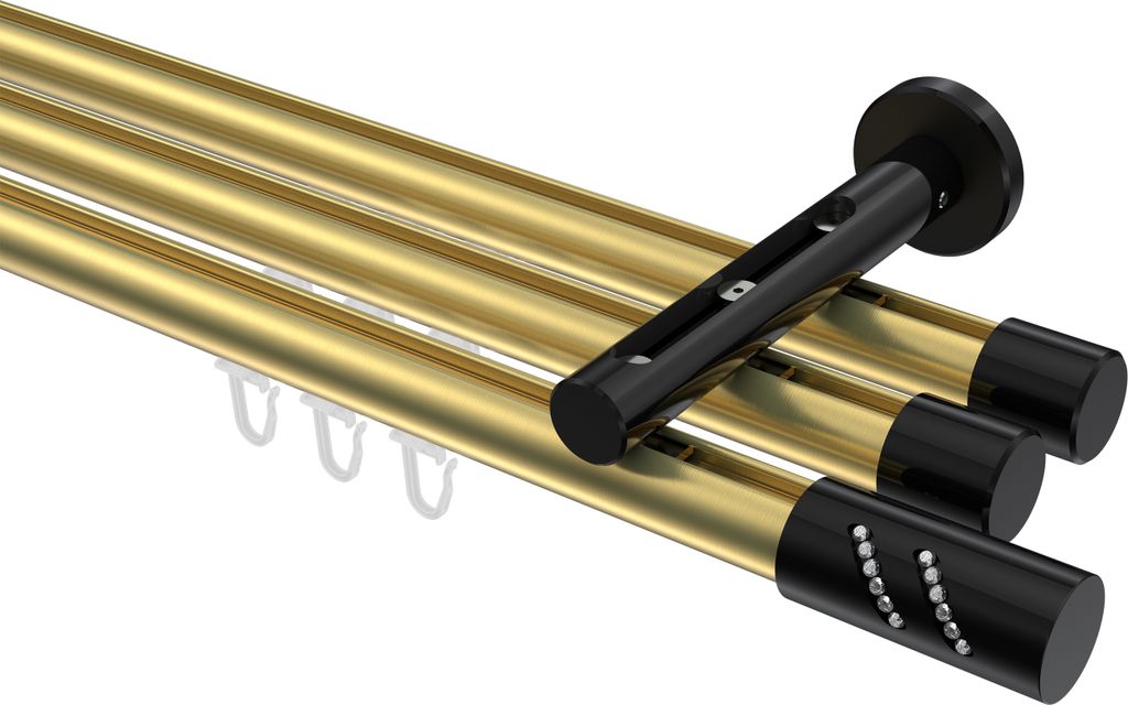 Interdeco Innenlaufstange / Gardinenstange mit Innenlauf Messing-Optik / Schwarz, Typ Siteno Zoena (Glitzerzylinder), 20 mm Ø 3-läufig, 180 cm