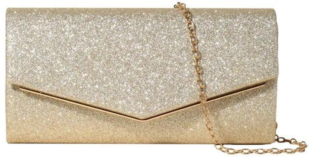Pochette brillante argentée avec bandoulière chaîne pour robe de gala