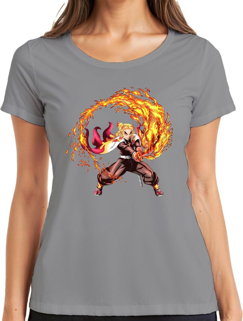 Rengoku Flammen Hashira Anime Kampf Samurai Geschenk Damen T-Shirt, Grau, L
