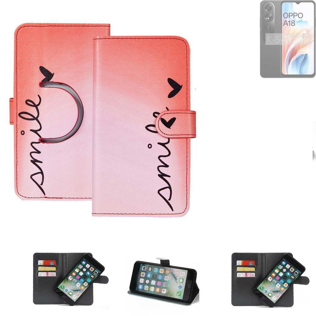 K-S-Trade Schutzhülle Handyhülle kompatibel mit Oppo A18 Hülle cover bookstyle Etui ''smile'' rot Standfunktion Kameraschutz (1Stk)