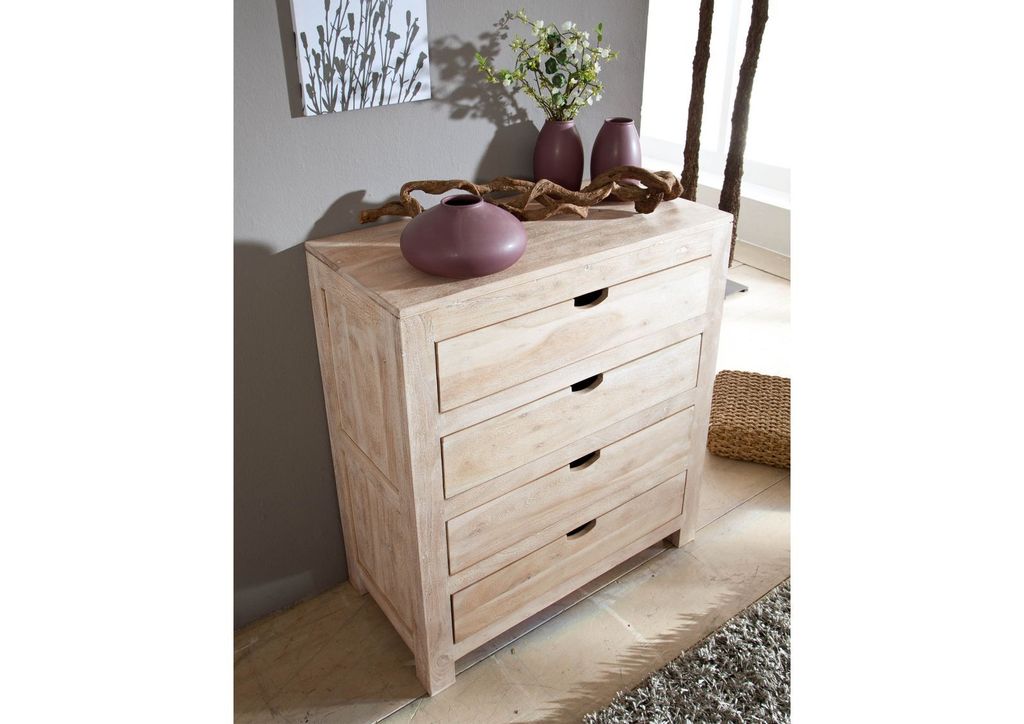 MASSIVMOEBEL24 Kommode Akazie 85x42x95 white stone getüncht NATURE WHITE #85