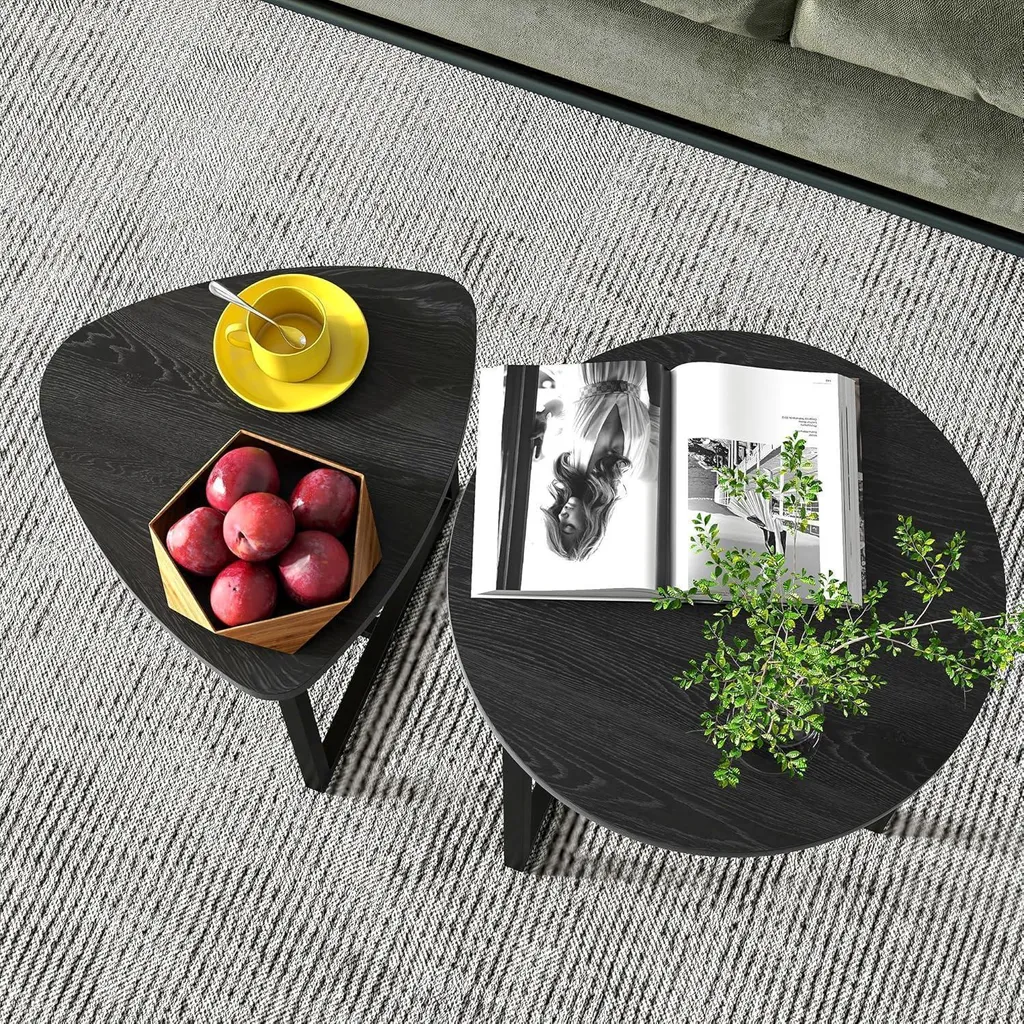 Set 2 Tavolini Salotto Rotondi Legno e Metallo Nero - Stile Industrial