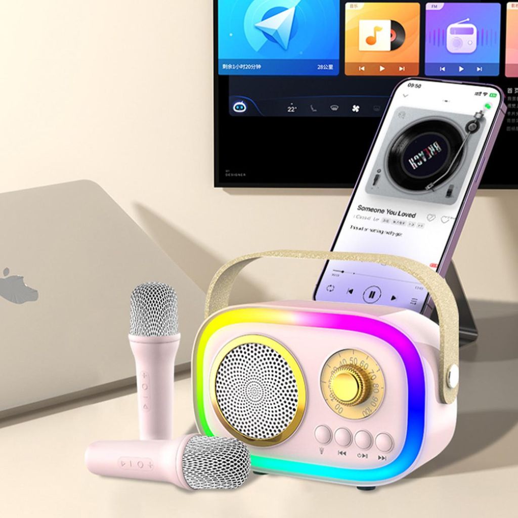 Bluetooth KTV Lautsprecher,Mini Wireless Speaker, mit 2 Karaoke Mikrofon & LED-Lichteffekten, Bluetooth 5.4, Tragbar, Pink
