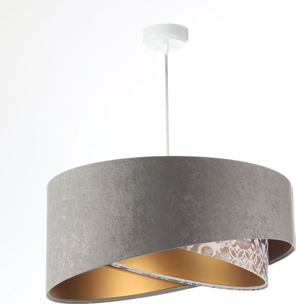 Pendelleuchte Stoff rund D: 50 cm H: max. 102 cm in Weiß Grau Beige (Vintage Print) Gold E27 Modern Hängelampe