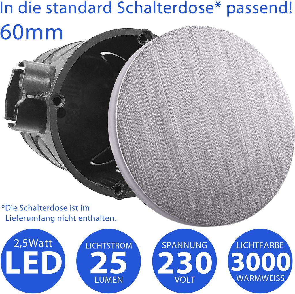 A close-up view of a round, brushed aluminum LED light fixture with its base and lid separated, set against a dark background. Text overlays provide product specifications.