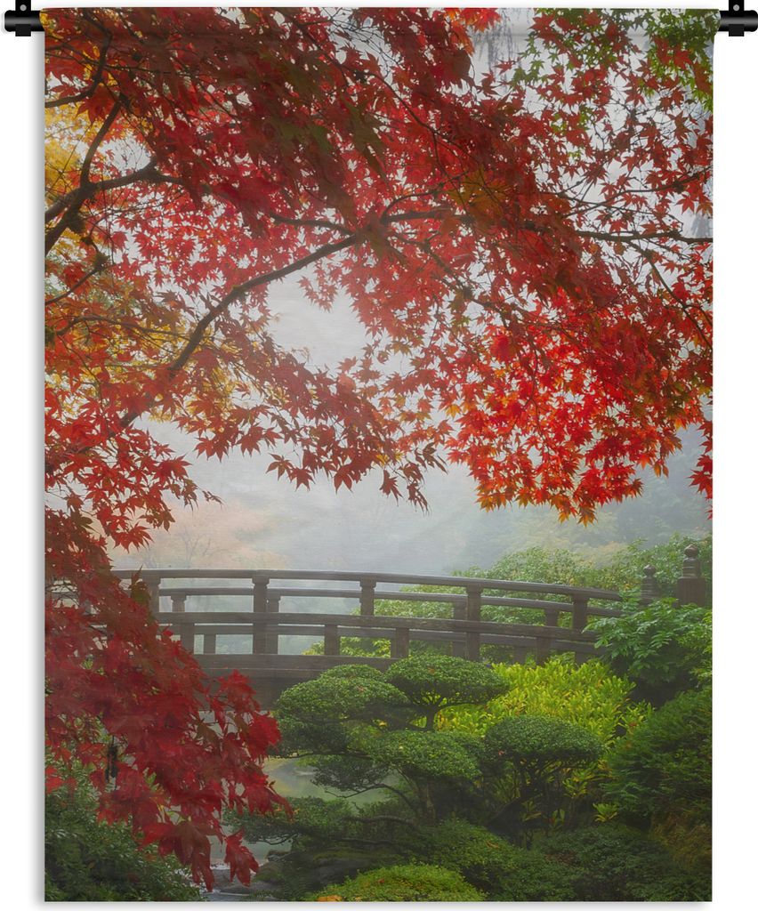 MuchoWow Wandteppich Wandbehang Japanischer Ahorn - Bäume - Brücke - Natur - Japanisch 120x160 cm Tapisserie Dekoration Wandtuch - Wohnzimmer -...
