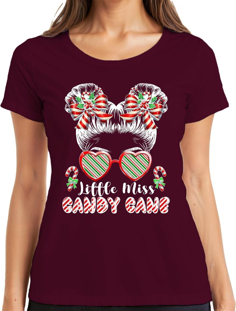Little Miss Candy Cane Christmas girls sweet bow heart cute Damen T-Shirt, Burgundy, S