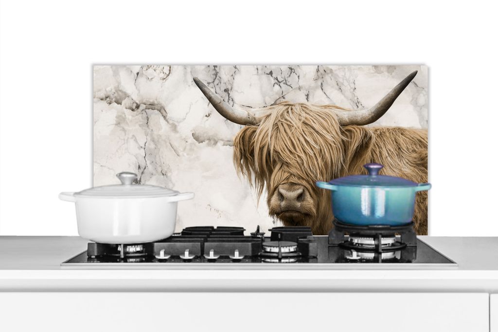 KitchenYeah Spritzschutz Küche - Küchenrückwand - Wandschutz für Herd und Spüle - Schottisches Hochlandrind - Tiere - Marmor 80x40 - Alu-Dib...