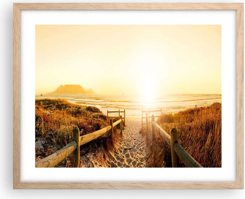 Gerahmtes Poster - Rahmen in heller Eiche - Sonnenaufgang Welle Insel Meer - 50x40 cm - Wand Bild - Wanddeko - Wandbilder - Wandposter - Bilderrahm...