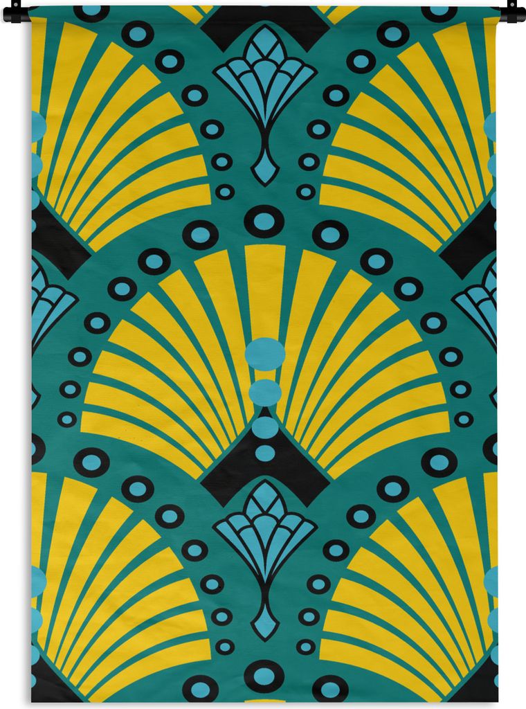 MuchoWow Wandteppich Wandbehang Art Deco - Muster - Blau - Gelb 90x135 cm Tapisserie Dekoration Wandtuch - Baumwolle - Wandskulptur