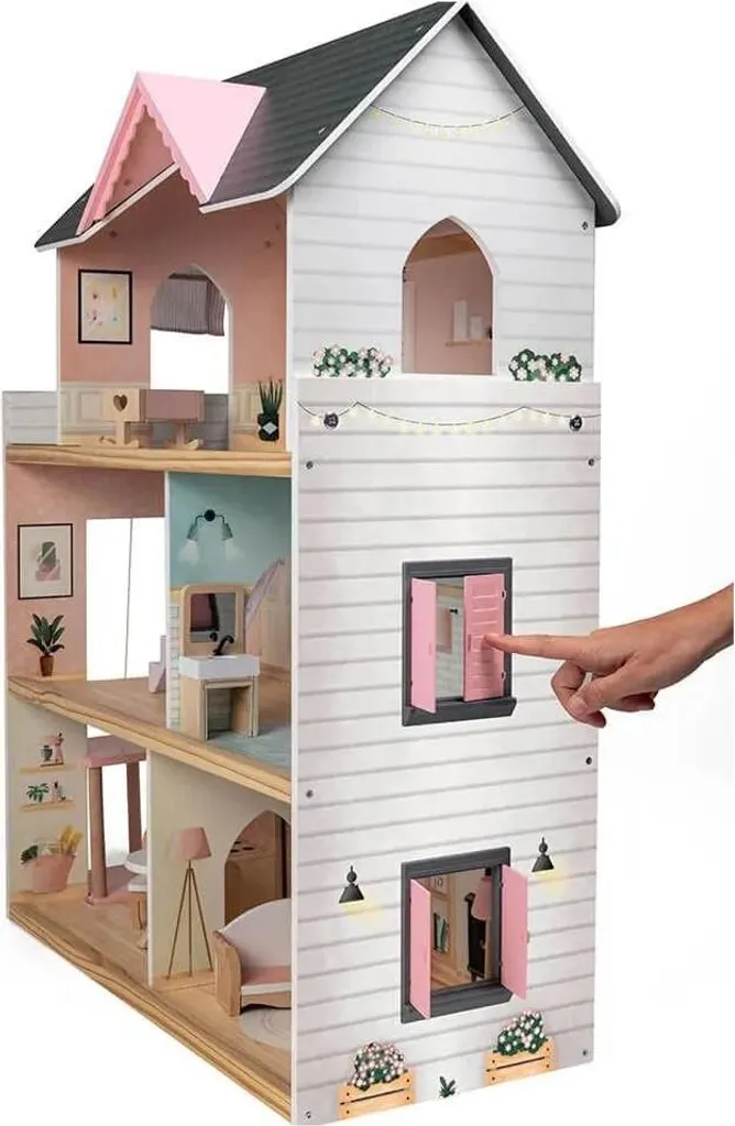 Maison de Poupée Bois Eurekakids - Ascenseur & Meubles inclus, Marron - 3