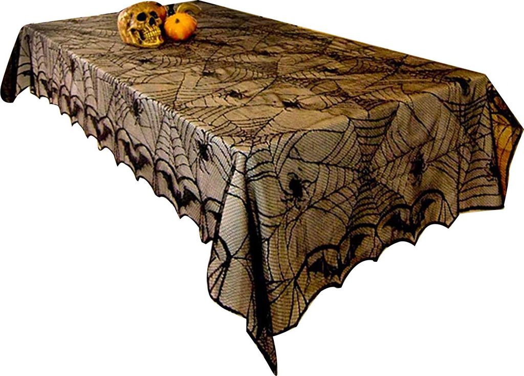 Halloween-Tischdecken-Dekoration, schwarzer Spitzen-Tischläufer, runde Spinnennetz-Tischdecke, Kaminsims, Schal, Lampenschirm, Fledermaus-Wandaufk...