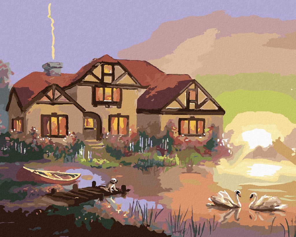 Zuty - Malen nach Zahlen - SCHWÄNE, HAUS UND SONNENUNTERGANG (D. RUSTY RUST), 40x50 cm, ohne Keilrahmen