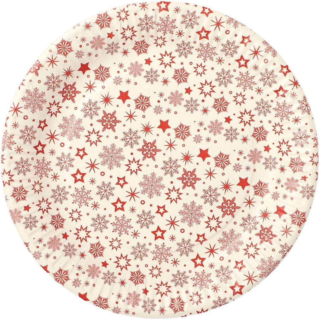 30x Pappteller rund Ø 23 cm weiss mit roten Schneeflocken