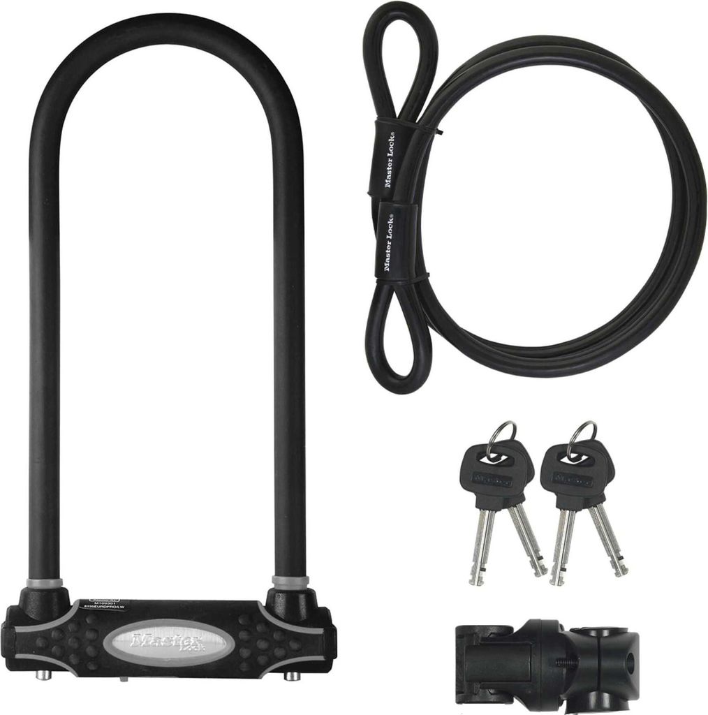 Master Lock 8285EURDPRO Bügelschloss mit Kabel, Schlüssel, Transporthalterung, e Diebstahlsicherung, optimal für Elektro- oder Mountainbike, Bü...