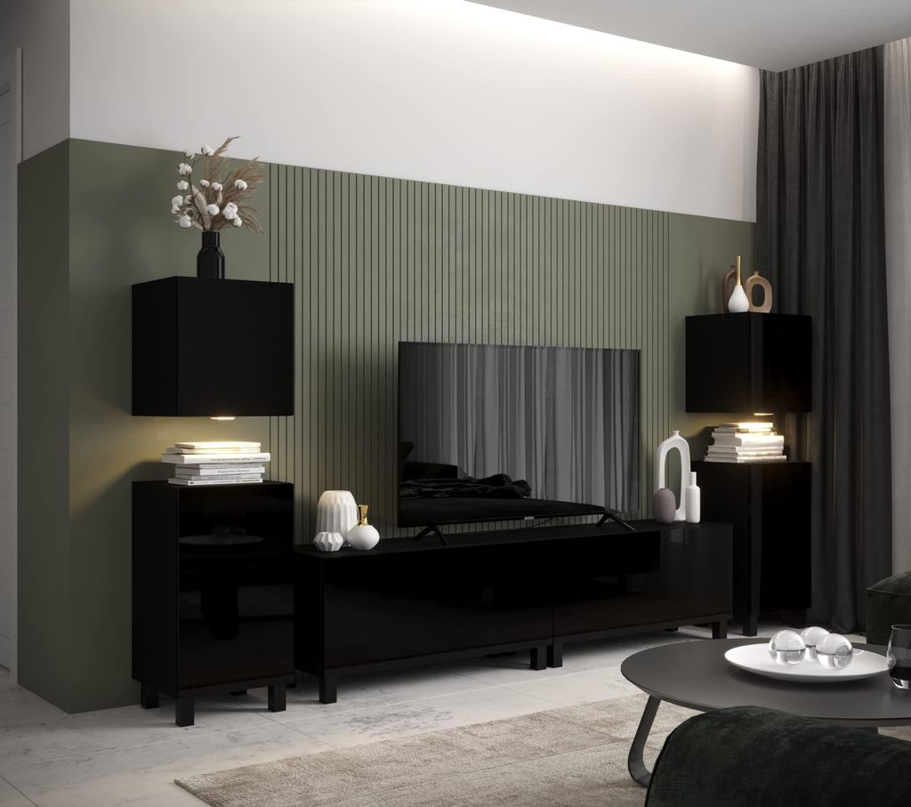 Furnitech Wohnwand Wohnzimmer - Wohnzimmer Möbel mit LED Weiß - Hängend Wohnwand Modern - Wohnzimmer Schrankwand mit Regale und TV Schrank (AN10...