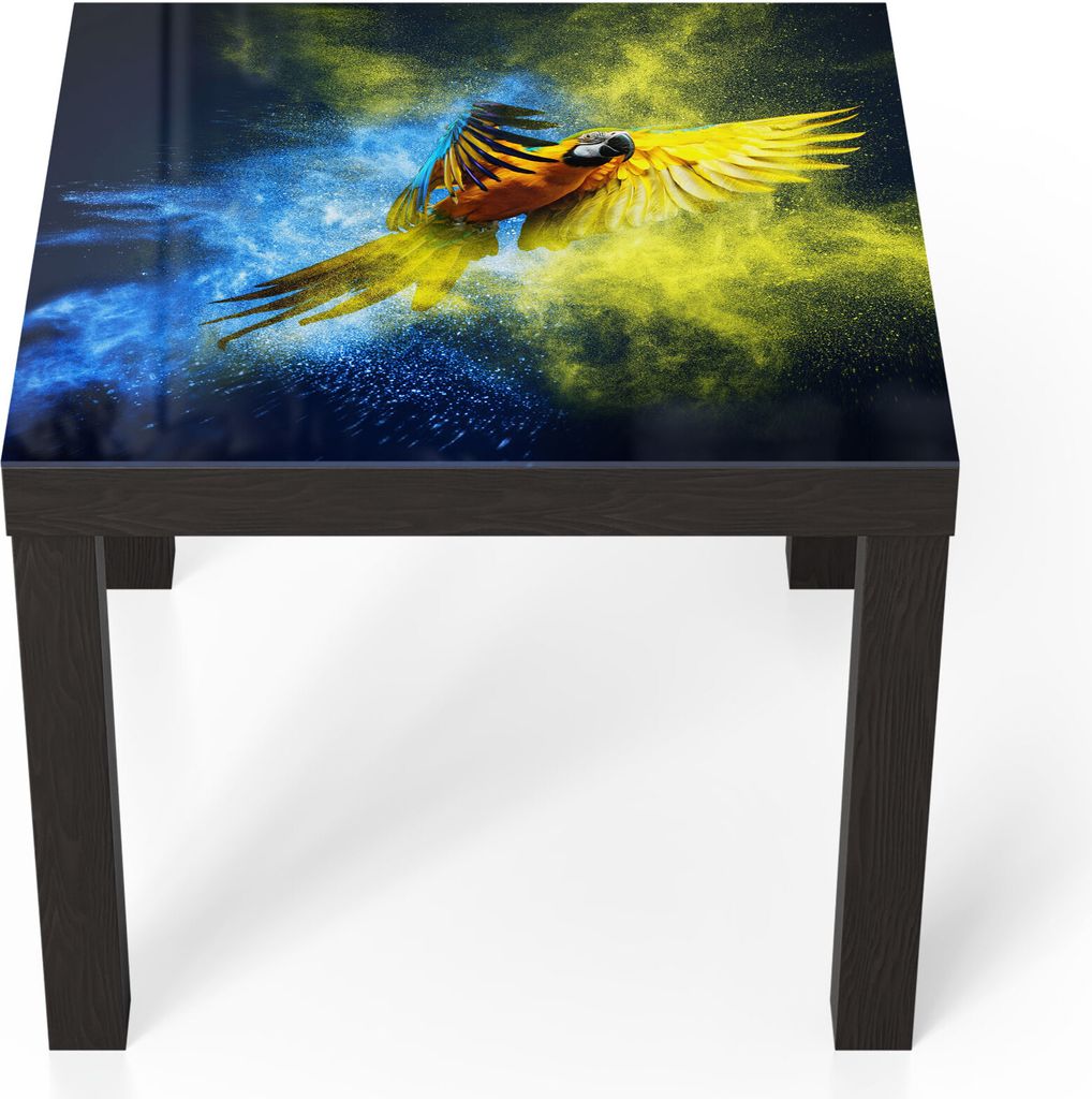 DEQORI Couchtisch 55x55 cm Schwarz 'Papagei in Farbwolke' Glas Beistelltisch
