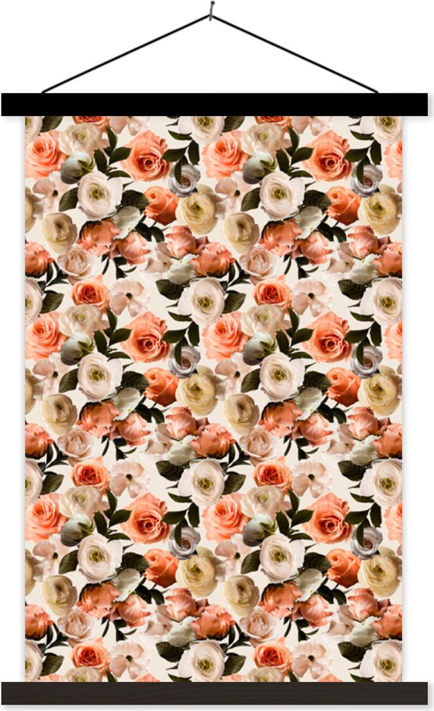 MuchoWow Textilposter Rosen - Blumen - Collage 40x60 cm mit schwarzem Rahmen - Wanddekorationen