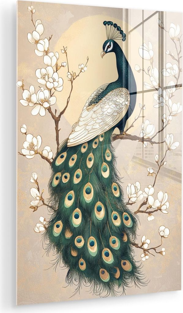 MuchoWow Glasbilder - Bilder auf Wandbild - Foto auf Glas Pfau - Zweig - Blumen 60x90 cm Wanddekoration aus Glas - Acrylglasbild - Acrylbilder - Pr...