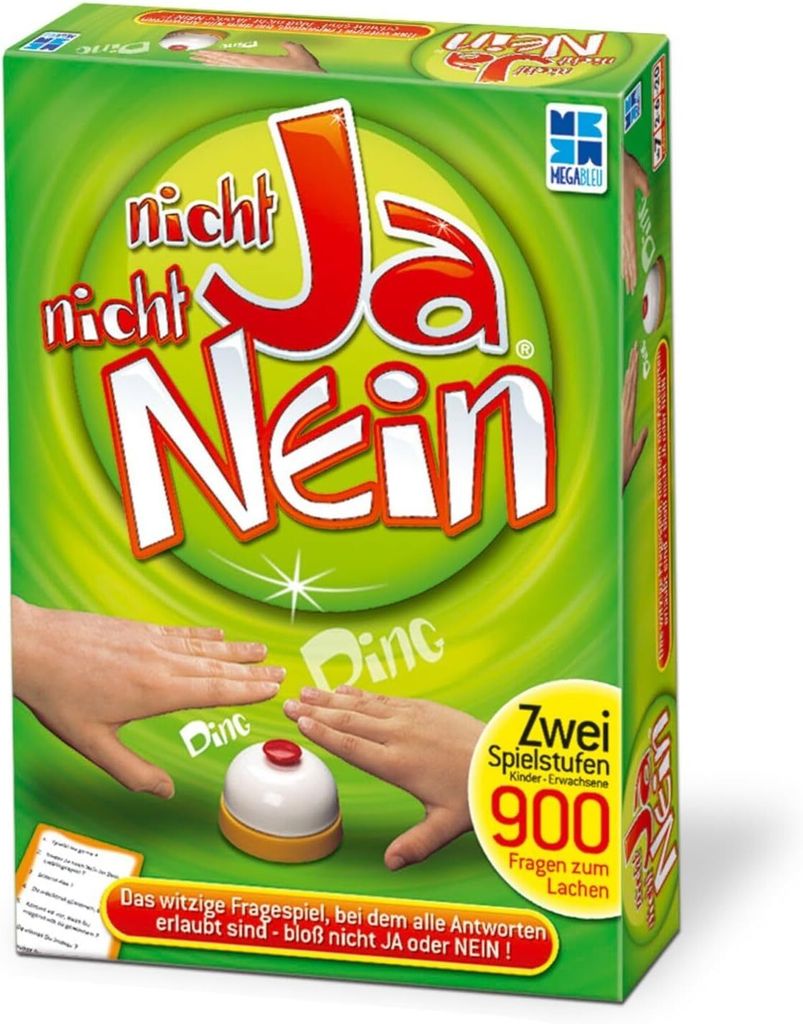 The image shows the front of a board game box titled 'Nicht Ja, Nicht Nein'. It features hands reaching for a buzzer, with game details and branding visible.