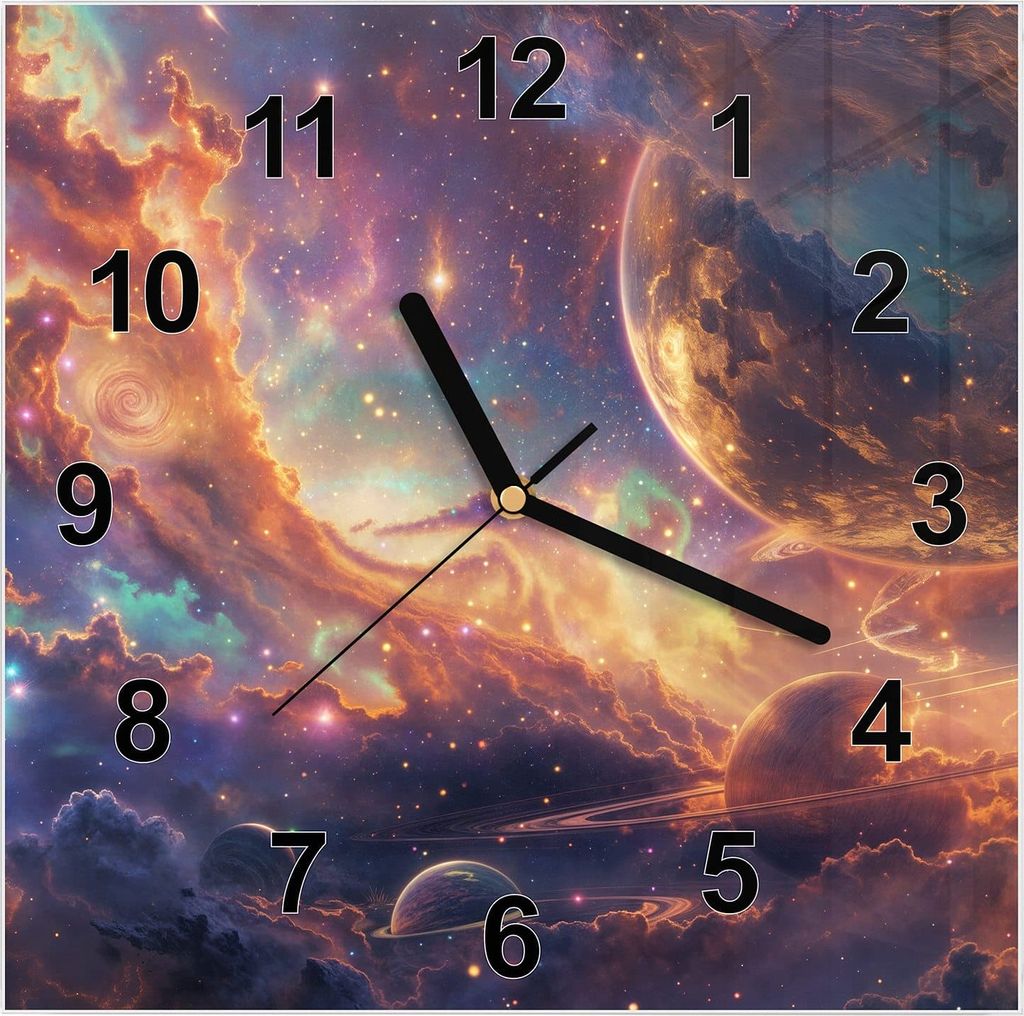 Wanduhr aus Glas mit Motiv Galaxie Fantasy- 30 x 30 cm - inkl. Aufhängesystem