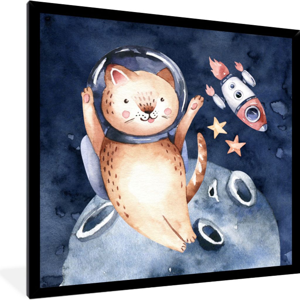 MuchoWow Gerahmtes Poster Weltraum - Rakete - Katze - Kind - Jungen - Mädchen - Kinder 40x40 cm - Poster mit Schwarzem Bilderrahmen Wandposter R...
