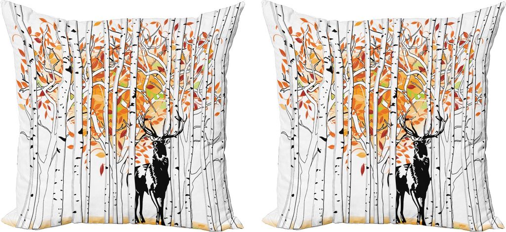 ABAKUHAUS Hirsch Kissenbezug Set (2Stück), Deer Im Wald Herbst Goldene Farben Bäume Laub Wildnis Saisonale Artwork, 45 x 45 cm, Orange Grün und ...