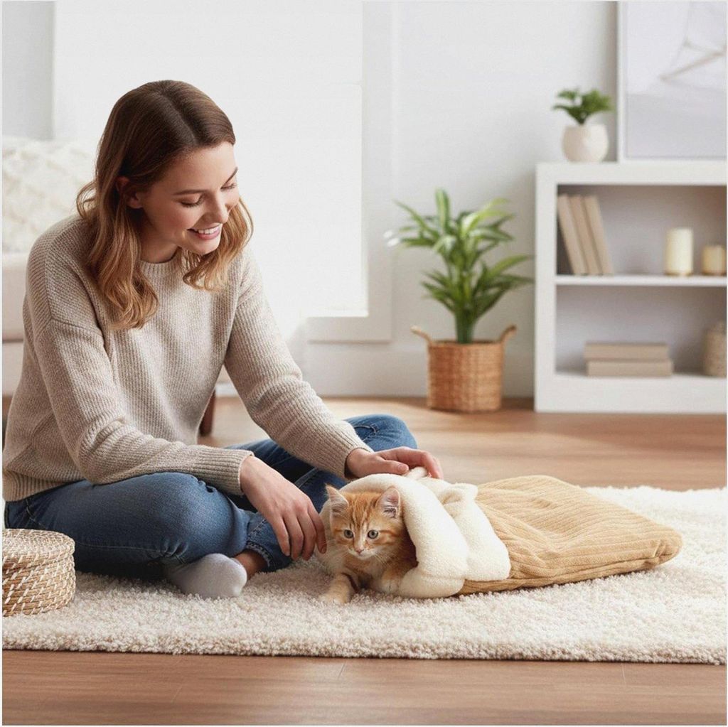 Katzen Schlafsack | Halbgeschlossene Warme Tierhöhle | Robuster waschbarer Winter Katzenbett | Für Kätzchen, Kleintiere, Schlafzimmer, Balkon, O...