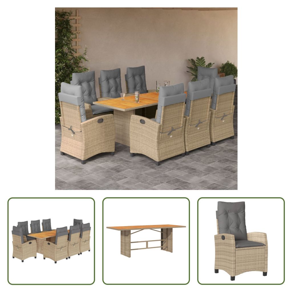 The Living Store 9-tlg. Garten-Essgruppe mit Kissen Beigemischung Poly Rattan