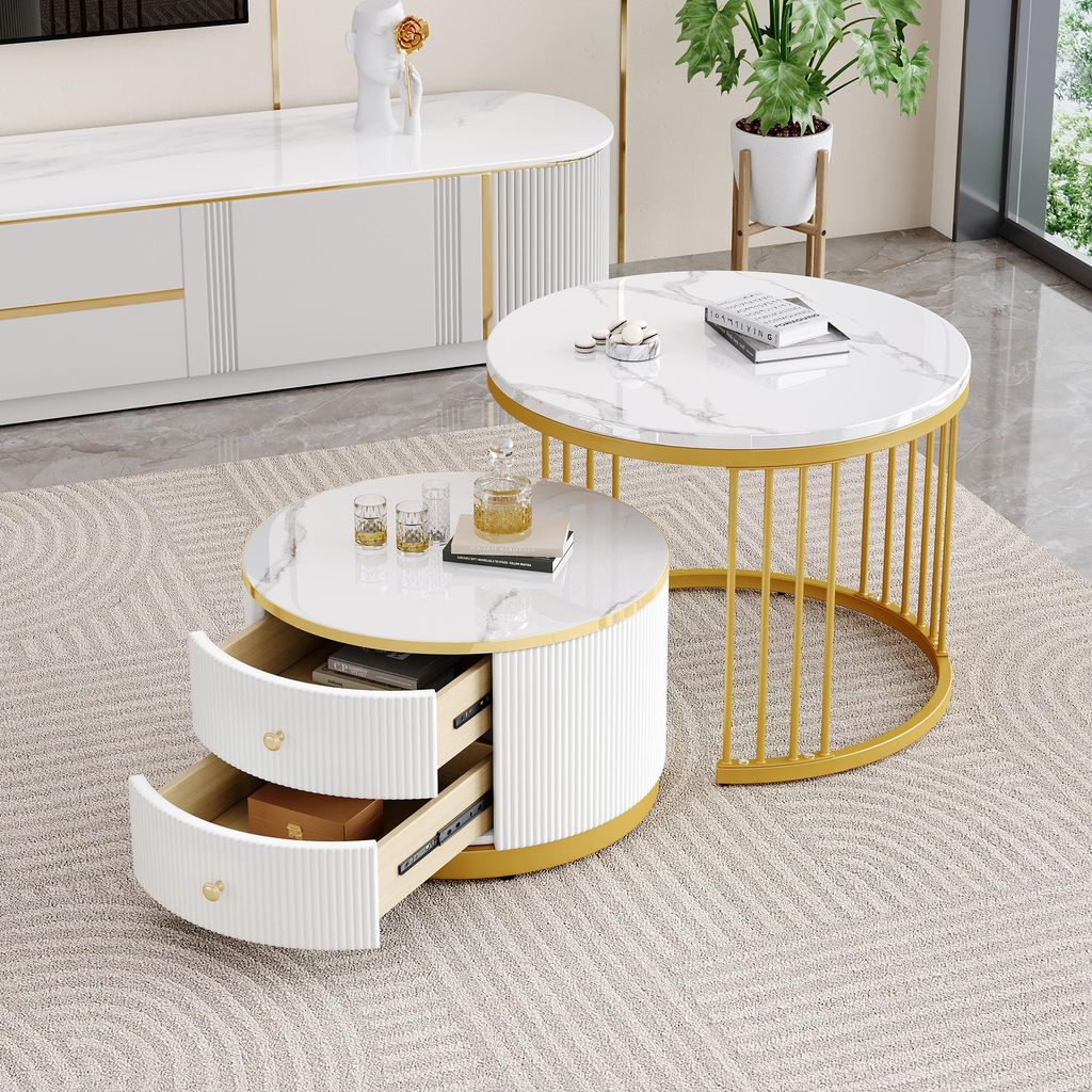 MODFU Tables Basses Gigognes avec 2 Tiroirs, MDF et PVC, Image du produit 