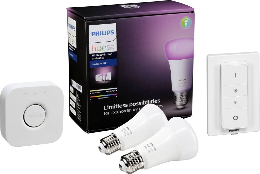 Philips Hue LED Lampe E27 Set Bluetooth + Bridge + Dimmer