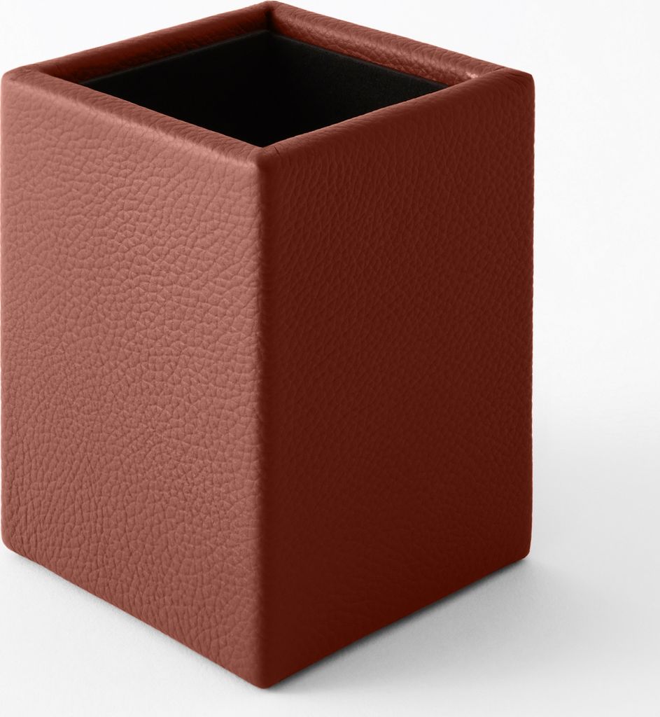 Schreibtisch Stiftehalter Echtes Leder Orange Braun cm 7 x 7 x H.9.5 - Quadratisches Design - Hergestellt in Italien