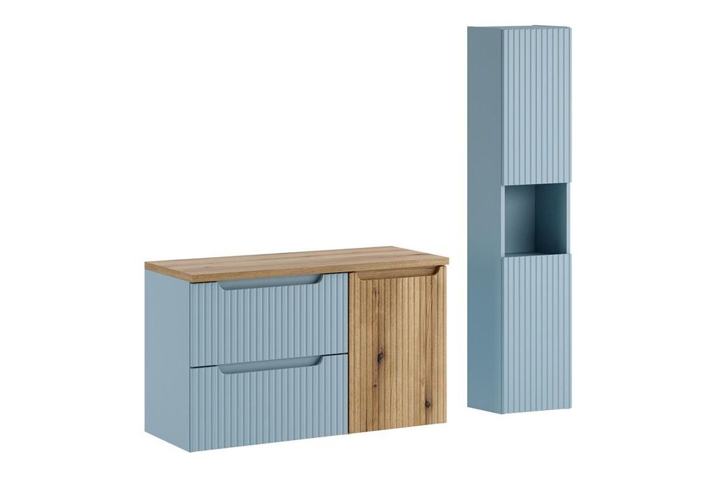 Badmöbel-Set Mit Arbeitsplatte 100 cm Hochschrank 2 Türen , Beistellschrank 40 cm & Waschbeckenunterschrank 60 cm, Nova Denim N BM377 - Denim