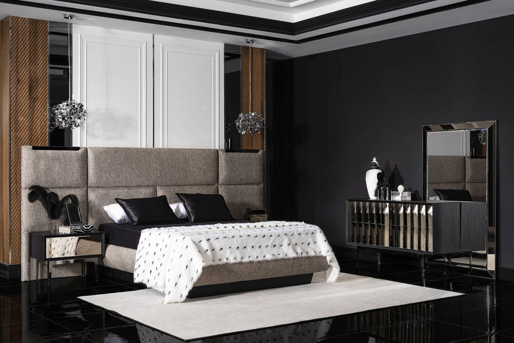 Elegantes graues Schlafzimmermöbel-Set aus Holz und Glas