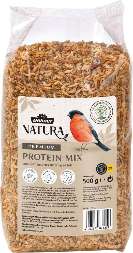 Dehner Natura Premium Wildvogelfutter, Protein-Mix aus Gammarus / Insekten, Ganzjahresfutter energiereich, hochwertiges Vogelfutter für Wildvögel...
