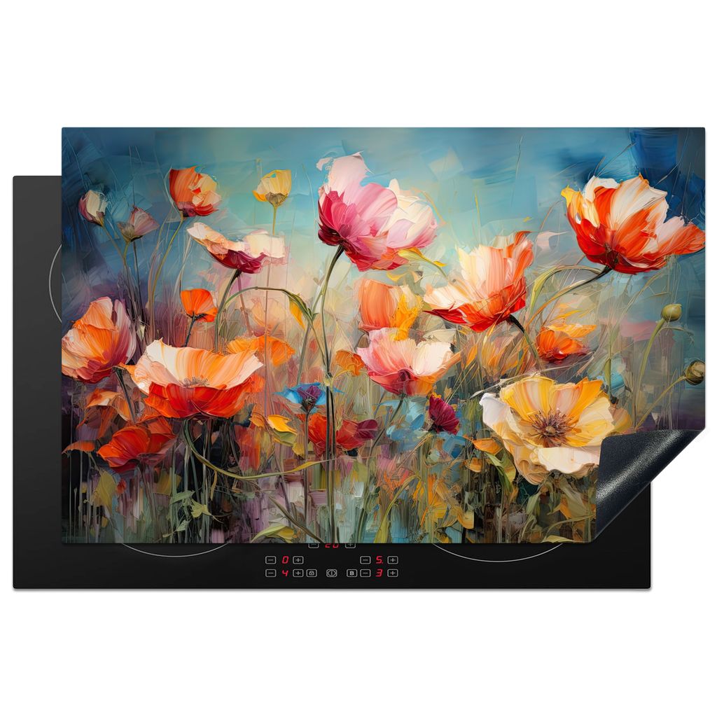 KitchenYeah Herdabdeckplatte Mohnblumen - Bunt - Blumen , 81x52cm, Küche Deko, Glaskeramikkochfeld Herdabdeckung, Abdeckplatte fùr Kochfeld