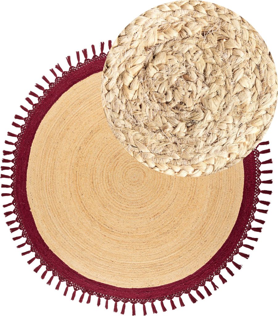 BELIANI Teppich Beige und Dunkelrot Jute Rund ø 200 cm mit Fransen Boho Rustikal Spiralform Geflochten Handgefertigt Natürlich Schlafzimmer Wohnz...