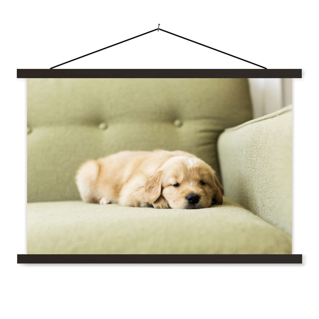 MuchoWow Textilposter Ein schlafender Golden Retriever Welpe auf dem Sofa 120x80 cm mit schwarzem Rahmen - Wanddeko