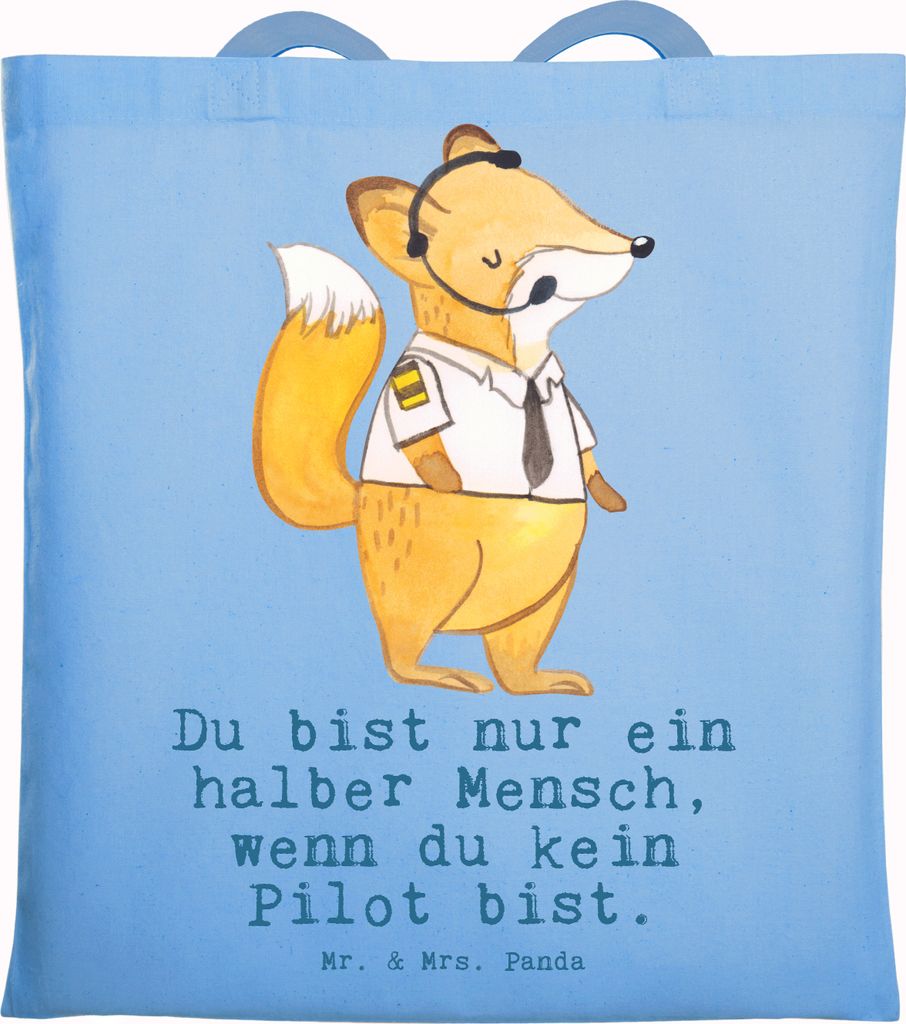 Mr. & Mrs. Panda Tote Bag Pilot Herz - Sky Blue - Geschenk, Spruch, Lustig, Laptoptasche, Jutebeutel, Shopping Tasche, schulterbeutel, Flugzeug