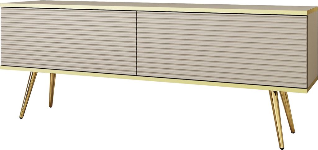 TV-Schrank Rodi - TV-Möbel mit 2 Klappen + MDF, Füße - TV-Lowboard 135 cm, Wohnzimmer, PUSH TO OPEN (Beige + Gold)