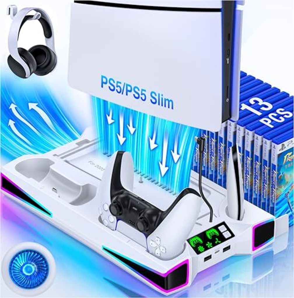 ELEGAMEFY PS5 Stand Cooler Lüfter, Controller -Ladestation RGB Light, Headset Halter PS5/PS5 Slim Disc & Digital Console