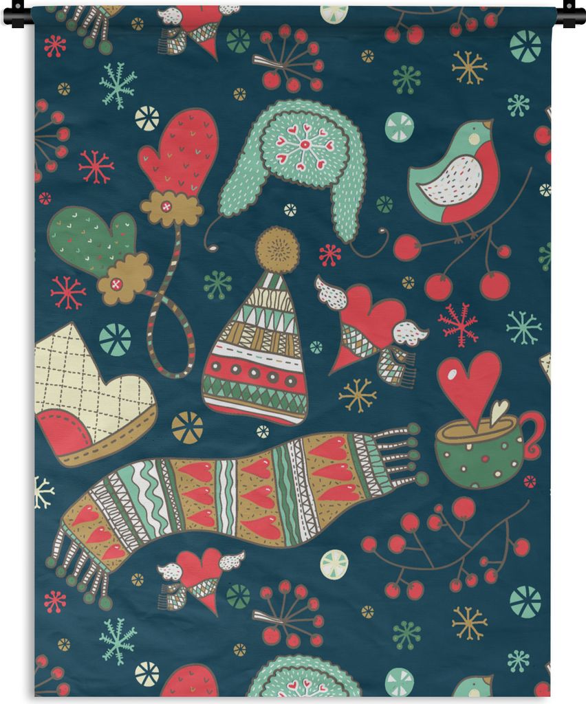 MuchoWow Wandteppich Wandbehang Winter - Design - Tee - Handschuhe - Mütze 60x80 cm Tapisserie Dekoration Wandtuch - Decke - Wandtücher - Wohne