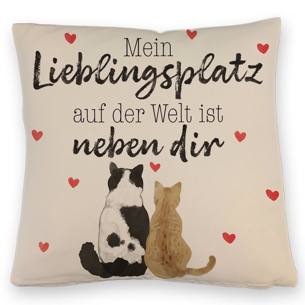 Katzenpaar Kissen mit Leinenoptik mit Spruch Mein Lieblingsplatz ist bei dir